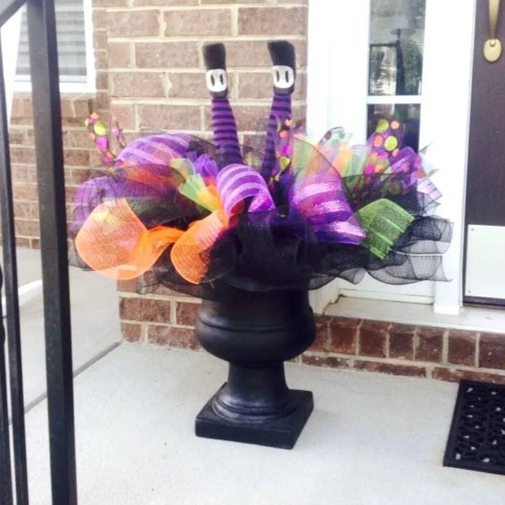 Halloween Feather Deco Mesh Wreath Black Orange Glitter Ribbon Large Big